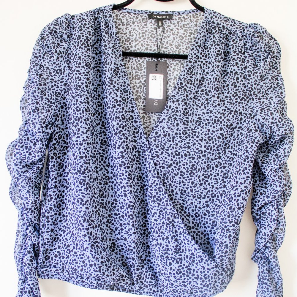 DYNAMITE leopard print ruched cropped wrap blouse